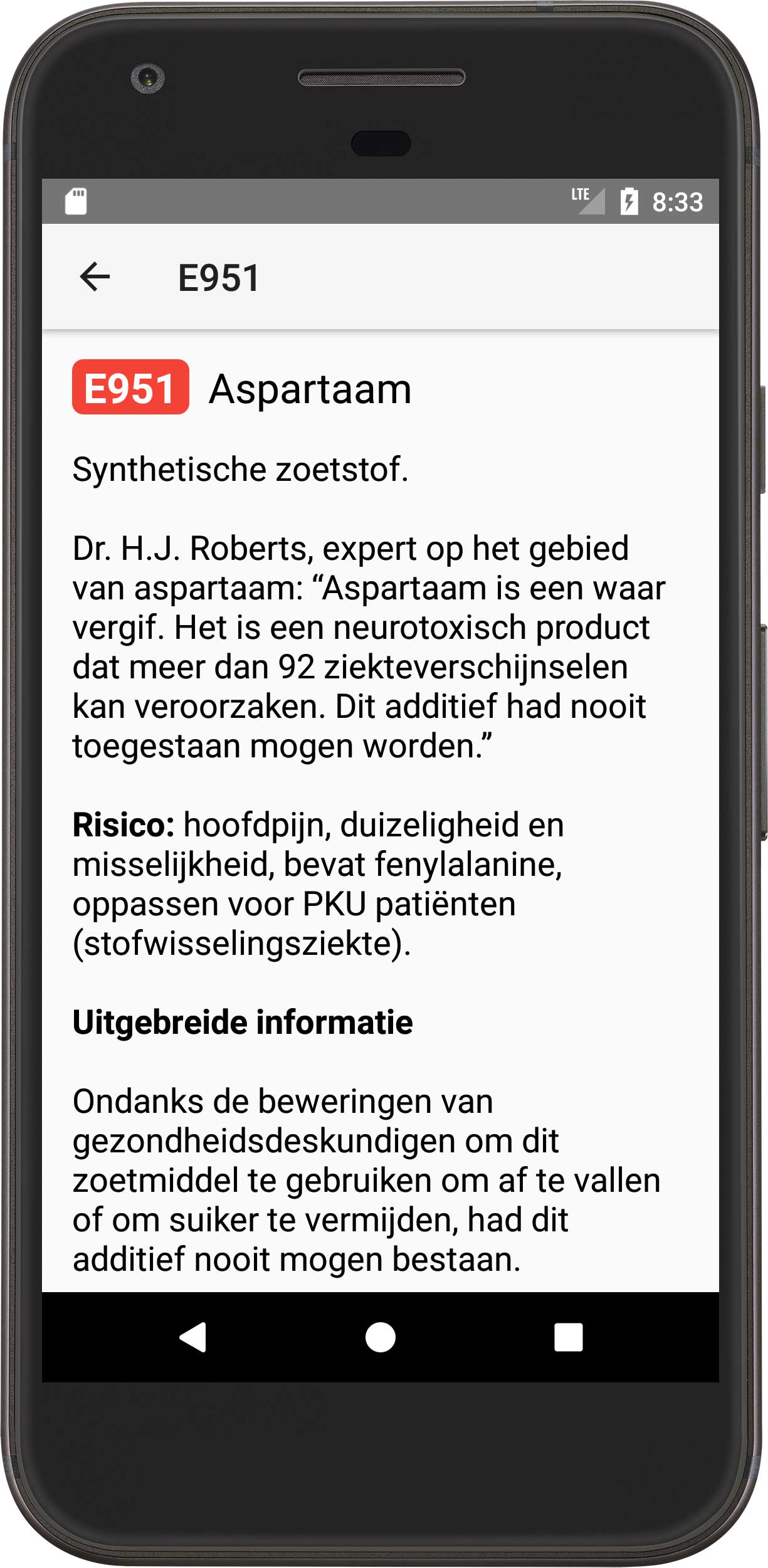 Informatiescherm van de E-nummers app op Android